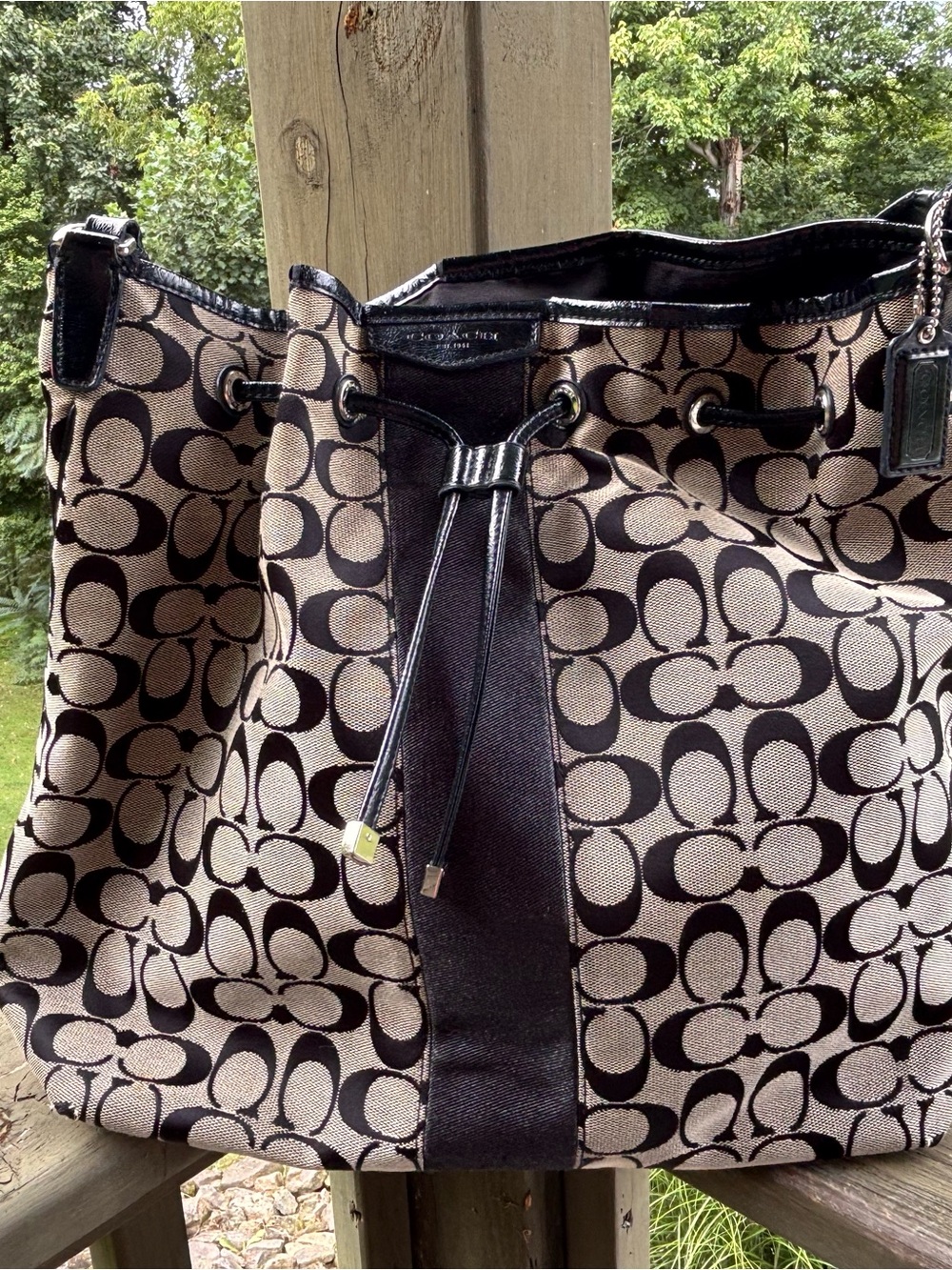 XL Coach Khaki and Black Signature Drawstring Tote
